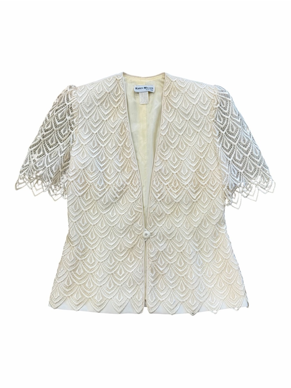 Karen Miller Vintage Cream Lace Short Sleeve Openwork Blazer M